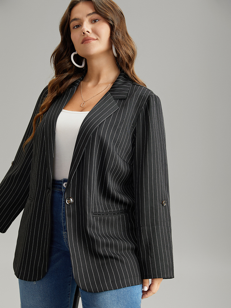 

Plus Size Anti-Wrinkle Suit Collar Striped Contrast Blazer Black Women Dailywear Striped Contrast Sleeve Long Sleeve Suit Collar  Pocket Casual Blazers BloomChic