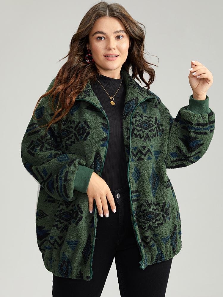 

Plus Size Geometric Pocket Gathered Zipper Jacket Women Green Zipper Pocket Dailywear Jackets BloomChic