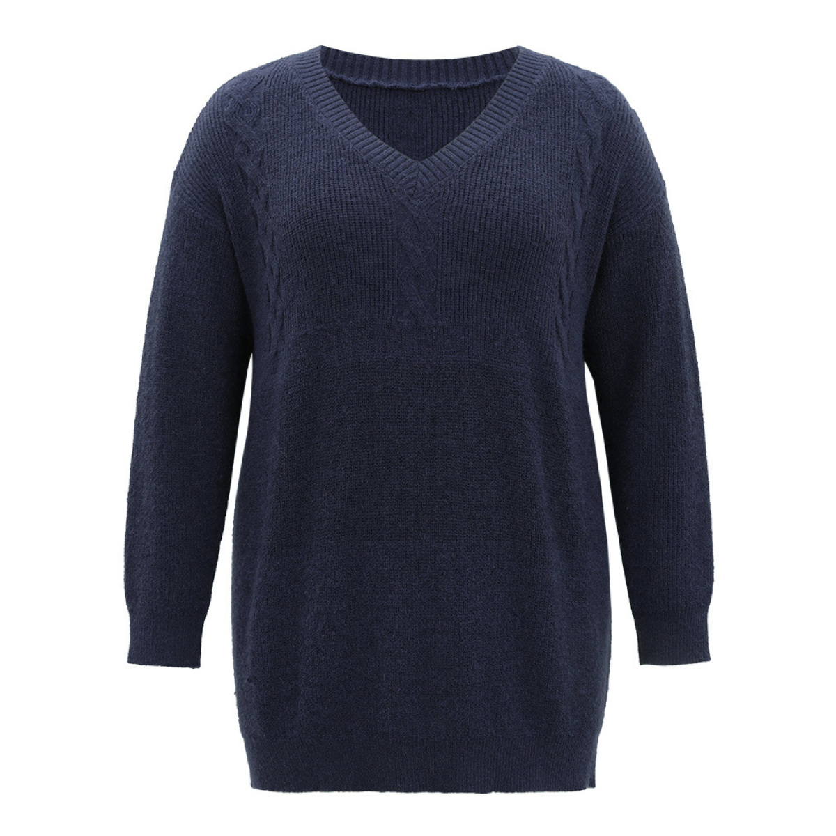 

Plus Size Anti-Pilling Solid Cable Knit Button Detail Pullover Indigo Women Casual Loose Long Sleeve V-neck Dailywear Pullovers BloomChic