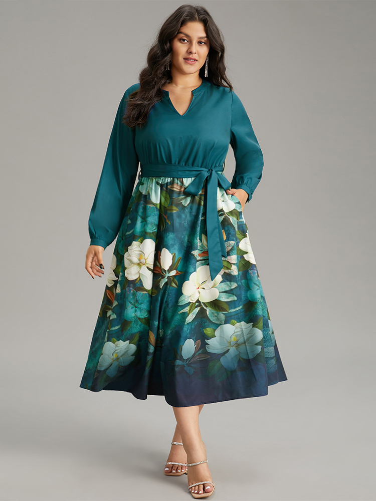 

Plus Size Floral Print Patchwork Bleted Pocket Dress Cerulean Women Glamour Belted Notched collar Long Sleeve Curvy Midi Dress BloomChic