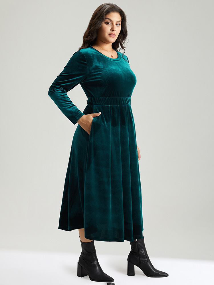 Plus Size Velvet Plain Pocket Pleated Hem Dress Cyan Women Elegant Plain Round Neck Long Sleeve Curvy Midi Dress BloomChic 18-20/2X 