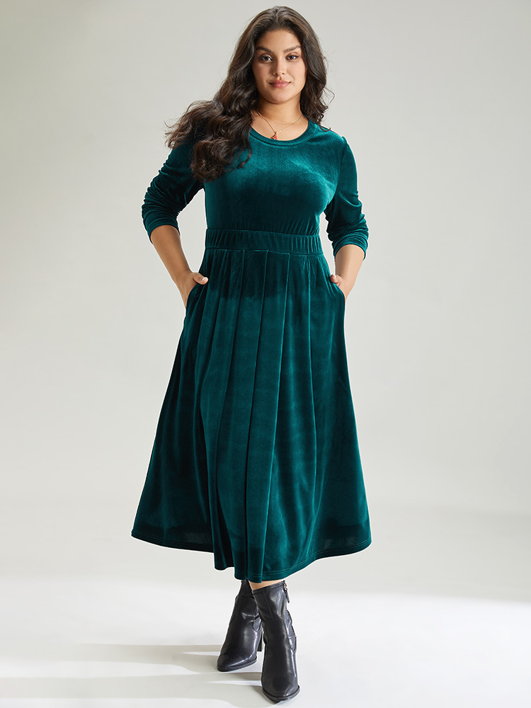Plus Size Velvet Plain Pocket Pleated Hem Dress Cyan Women Elegant Plain Round Neck Long Sleeve Curvy Midi Dress BloomChic 18-20/2X 
