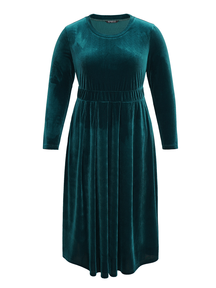 Plus Size Velvet Plain Pocket Pleated Hem Dress Cyan Women Elegant Plain Round Neck Long Sleeve Curvy Midi Dress BloomChic 18-20/2X 