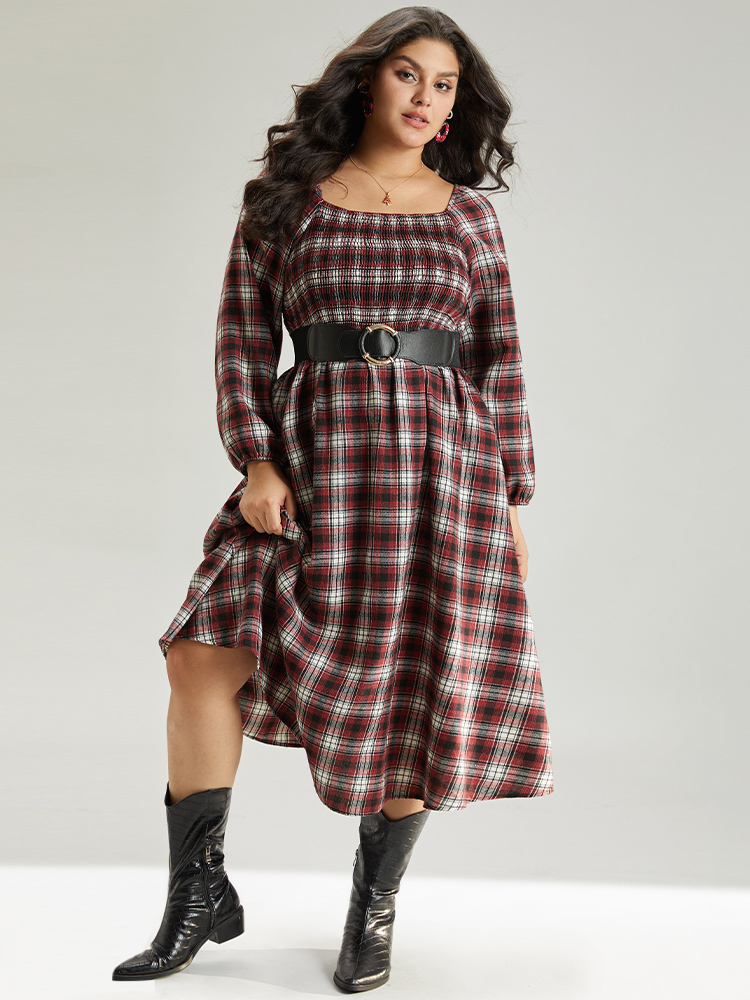 

Plus Size Square Neck Plaid Shirred Lantern Sleeve Dress Red Women Casual Elastic cuffs Square Neck Long Sleeve Curvy Midi Dress BloomChic