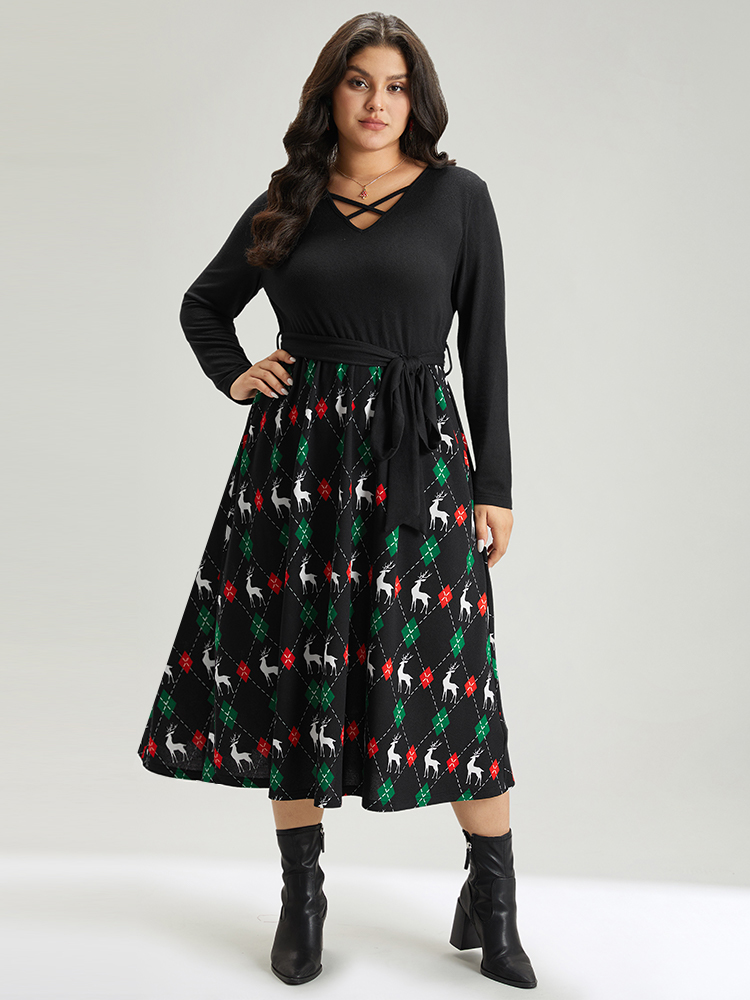 

Plus Size Christmas Elk Crisscross Belted Pocket Dress Black Women Office Belted V-neck Long Sleeve Curvy Midi Dress BloomChic