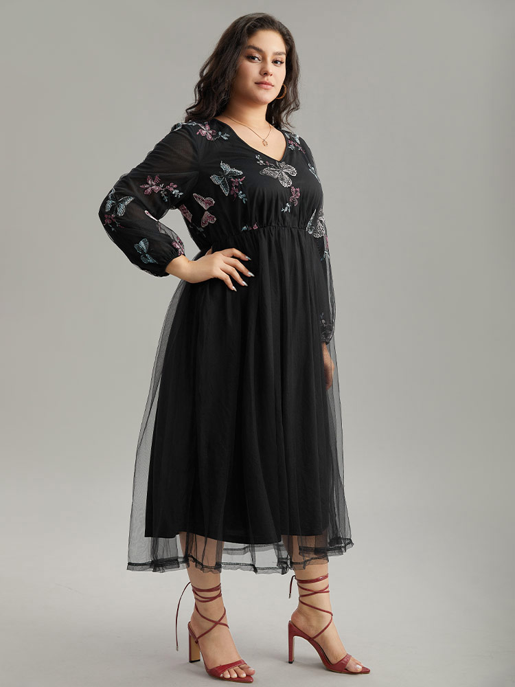 

Plus Size Butterfly Embroidered Mesh Gathered Patchwork Dress Black Women Party Elastic cuffs V-neck Long Sleeve Curvy Midi Dress BloomChic