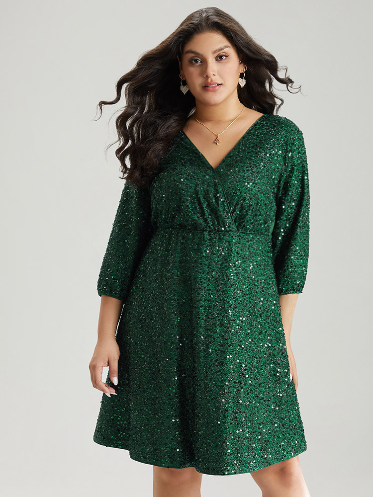 

Plus Size Sequin Overlap Collar Elastic Waist Knee Dress DarkGreen Women Cocktail Wrap Overlap Collar Elbow-length sleeve Curvy Knee Dress BloomChic