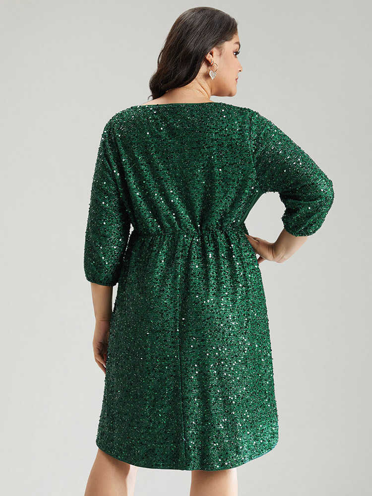 

Plus Size Sequin Overlap Collar Elastic Waist Knee Dress DarkGreen Women Cocktail Wrap Overlap Collar Elbow-length sleeve Curvy Knee Dress BloomChic