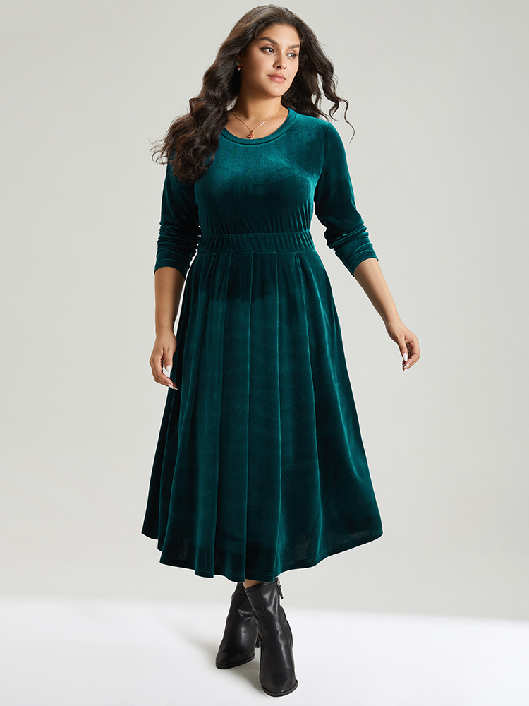 Plus Size Velvet Plain Pocket Pleated Hem Dress Cyan Women Elegant Plain Round Neck Long Sleeve Curvy Midi Dress BloomChic 18-20/2X 