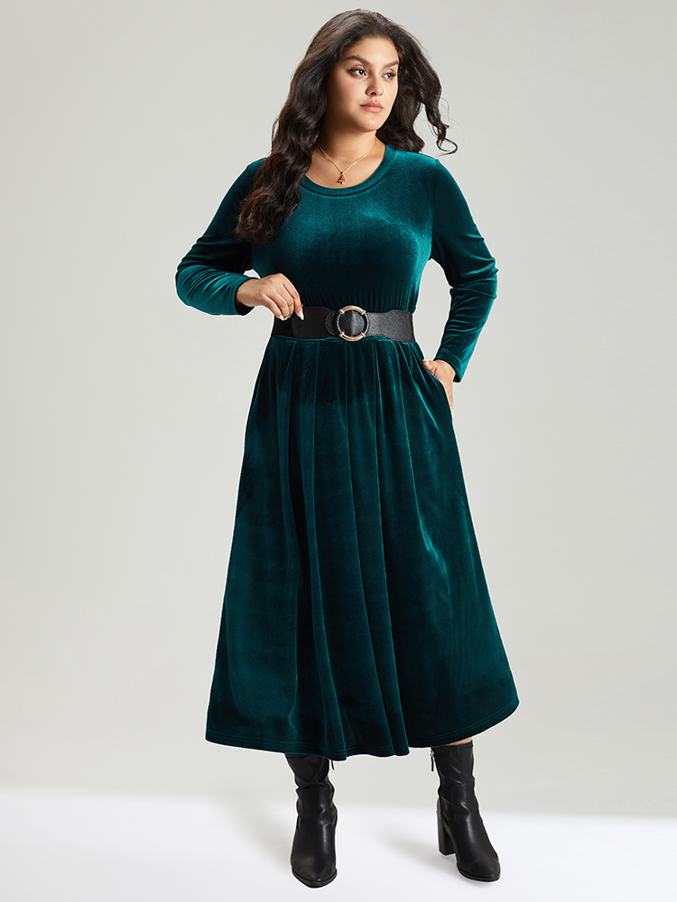 Plus Size Velvet Plain Pocket Pleated Hem Dress Cyan Women Elegant Plain Round Neck Long Sleeve Curvy Midi Dress BloomChic 18-20/2X 