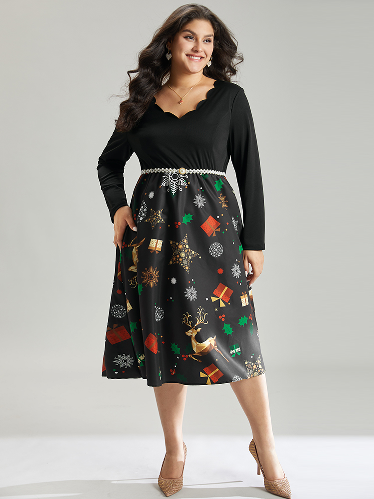 

Plus Size Christmas Print Patchwork Scalloped Trim Elastic Waist Dress Black Women Glamour Printed Asymmetrical Neck Long Sleeve Curvy Midi Dress BloomChic