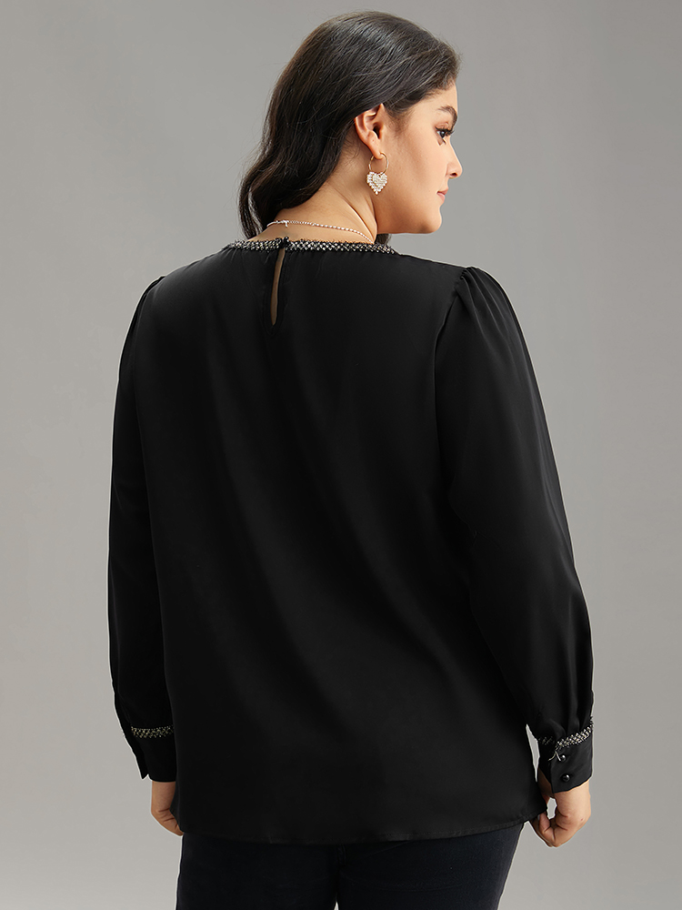 

Plus Size Black Plain Contrast Webbing Crew Neck Blouse Women Office Long Sleeve Round Neck Work Blouses BloomChic