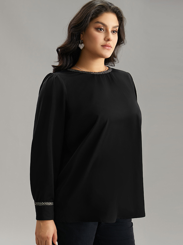Plus Size Black Plain Contrast Webbing Crew Neck Blouse Women Office Long Sleeve Round Neck Work Blouses BloomChic 12/L 