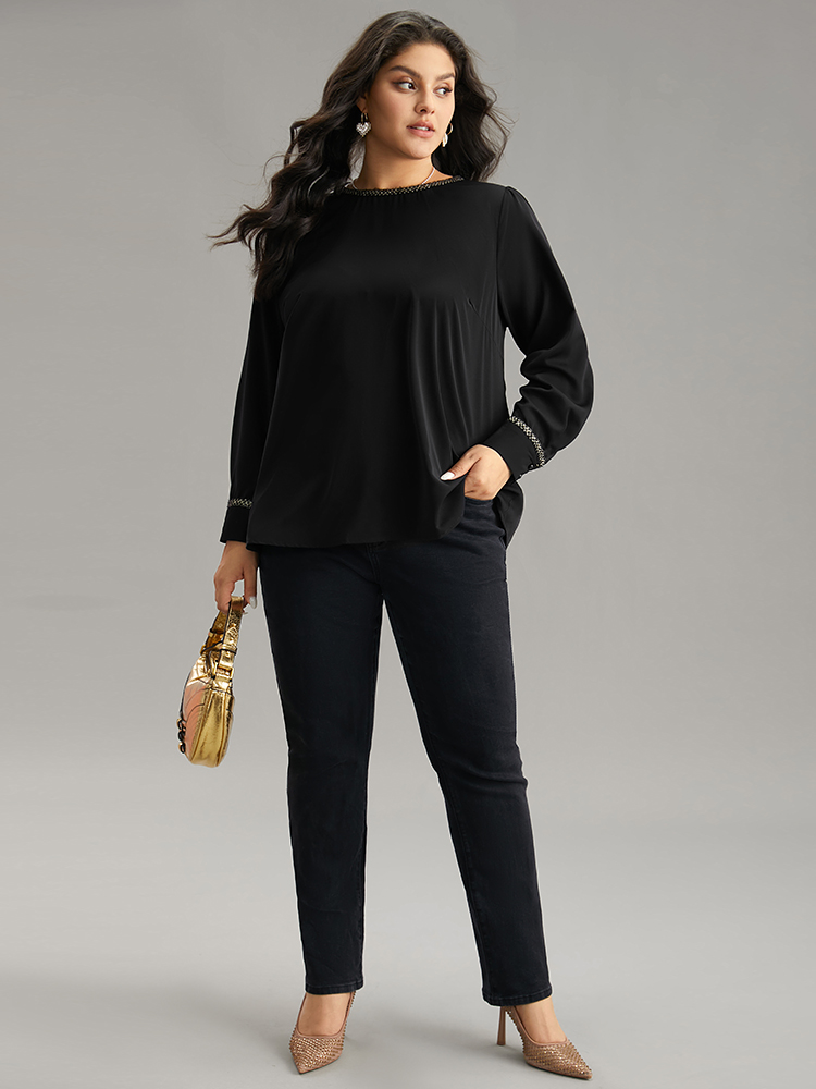 Plus Size Black Plain Contrast Webbing Crew Neck Blouse Women Office Long Sleeve Round Neck Work Blouses BloomChic 12/L 