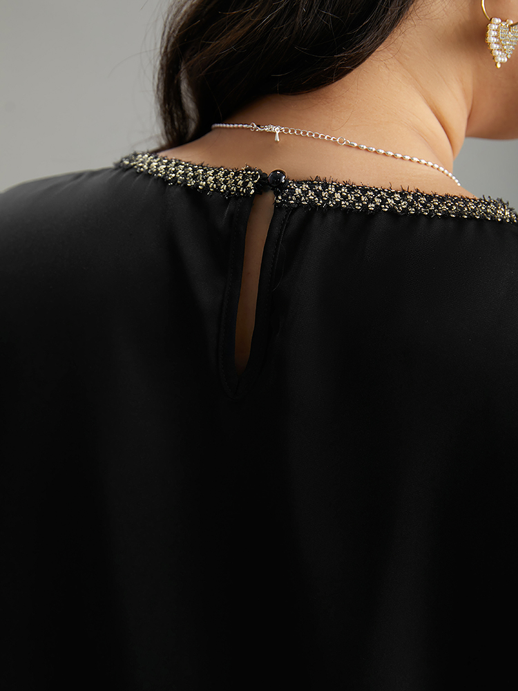 Plus Size Black Plain Contrast Webbing Crew Neck Blouse Women Office Long Sleeve Round Neck Work Blouses BloomChic 12/L 