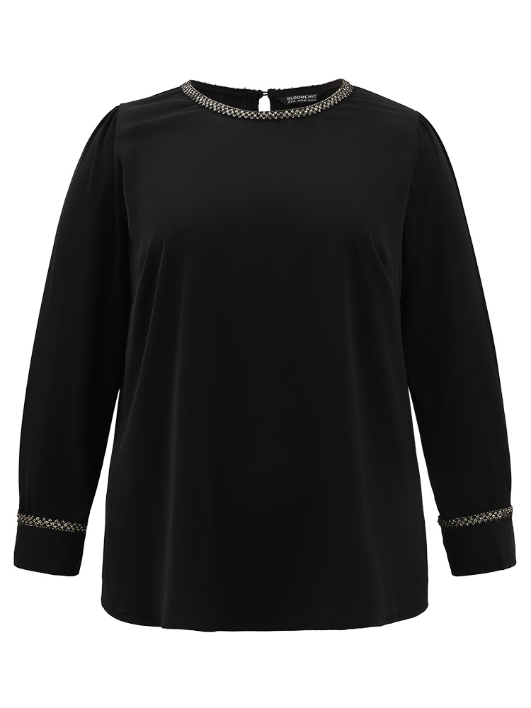 Plus Size Black Plain Contrast Webbing Crew Neck Blouse Women Office Long Sleeve Round Neck Work Blouses BloomChic 12/L 