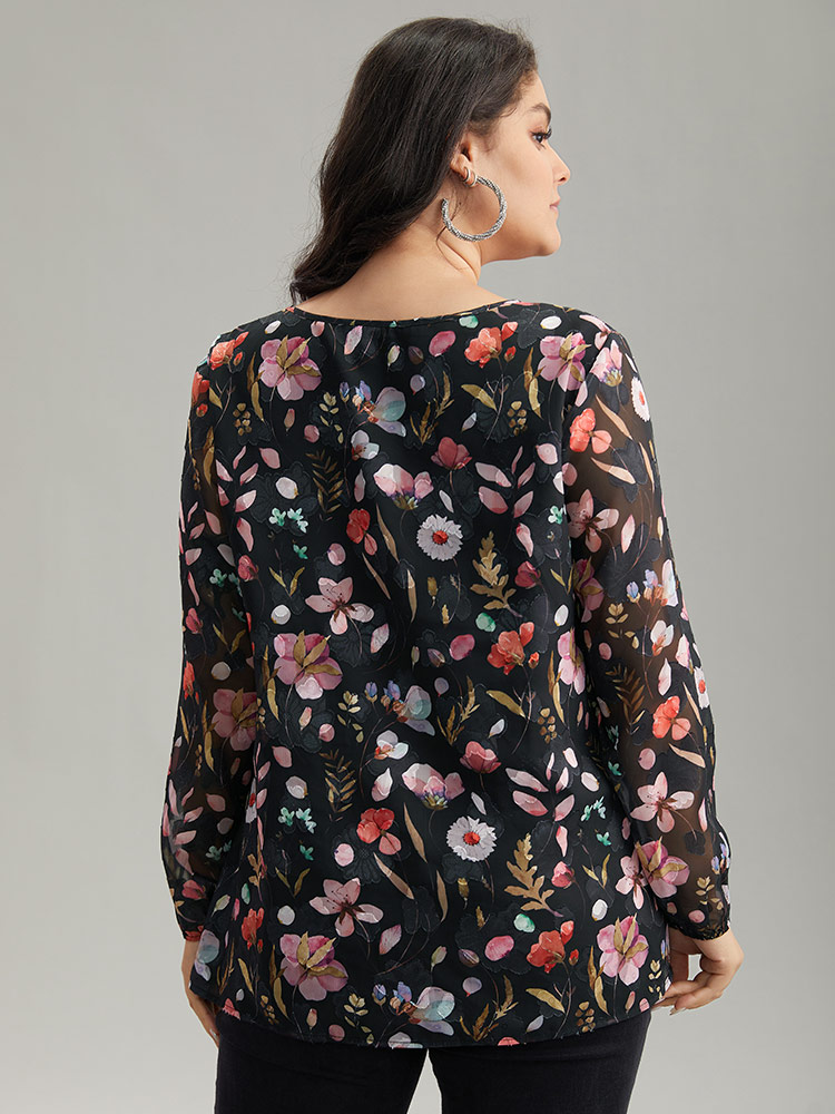 Plus Size BlackFlower Floral Print Chiffon Knot Neck Lantern Sleeve Blouse Women Elegant Long Sleeve Tie Neck Dailywear Blouses BloomChic 18-20/2X 
