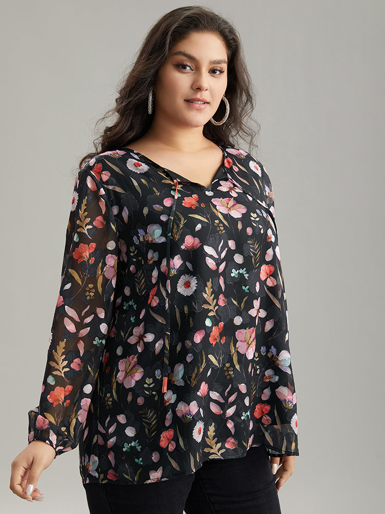 Plus Size BlackFlower Floral Print Chiffon Knot Neck Lantern Sleeve Blouse Women Elegant Long Sleeve Tie Neck Dailywear Blouses BloomChic 18-20/2X 