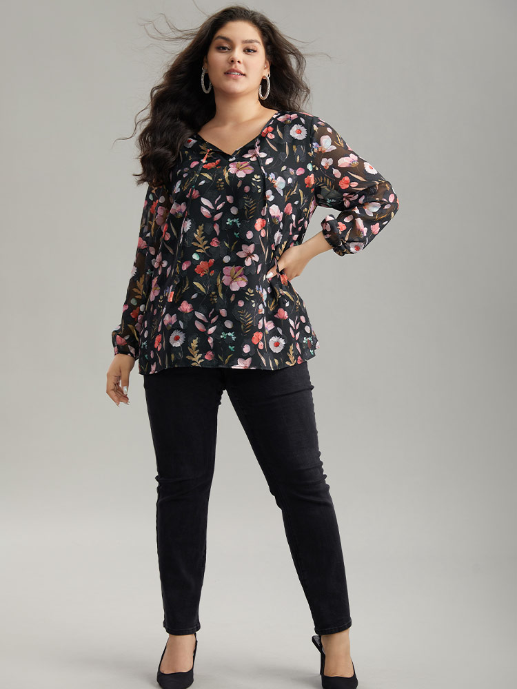 Plus Size BlackFlower Floral Print Chiffon Knot Neck Lantern Sleeve Blouse Women Elegant Long Sleeve Tie Neck Dailywear Blouses BloomChic 18-20/2X 