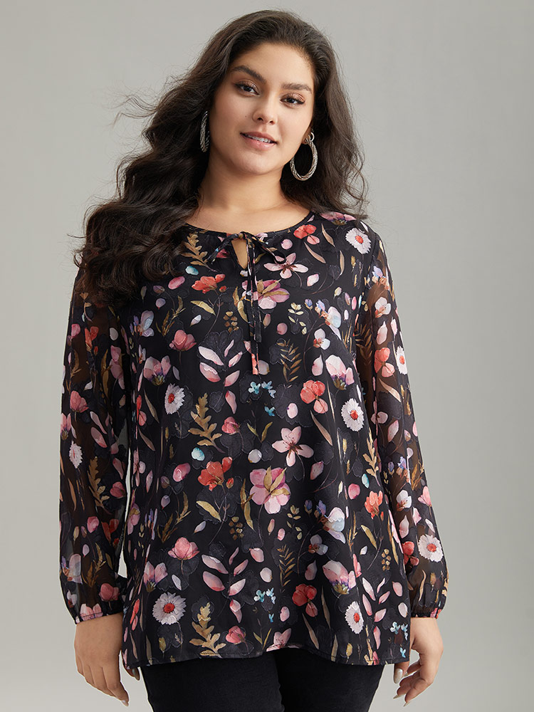 Plus Size BlackFlower Floral Print Chiffon Knot Neck Lantern Sleeve Blouse Women Elegant Long Sleeve Tie Neck Dailywear Blouses BloomChic 18-20/2X 