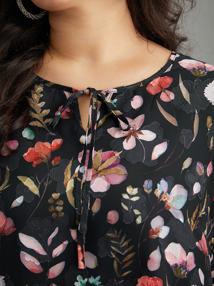 Plus Size BlackFlower Floral Print Chiffon Knot Neck Lantern Sleeve Blouse Women Elegant Long Sleeve Tie Neck Dailywear Blouses BloomChic 18-20/2X 