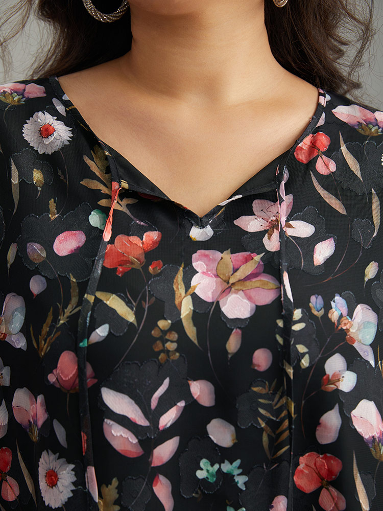 Plus Size BlackFlower Floral Print Chiffon Knot Neck Lantern Sleeve Blouse Women Elegant Long Sleeve Tie Neck Dailywear Blouses BloomChic 18-20/2X 