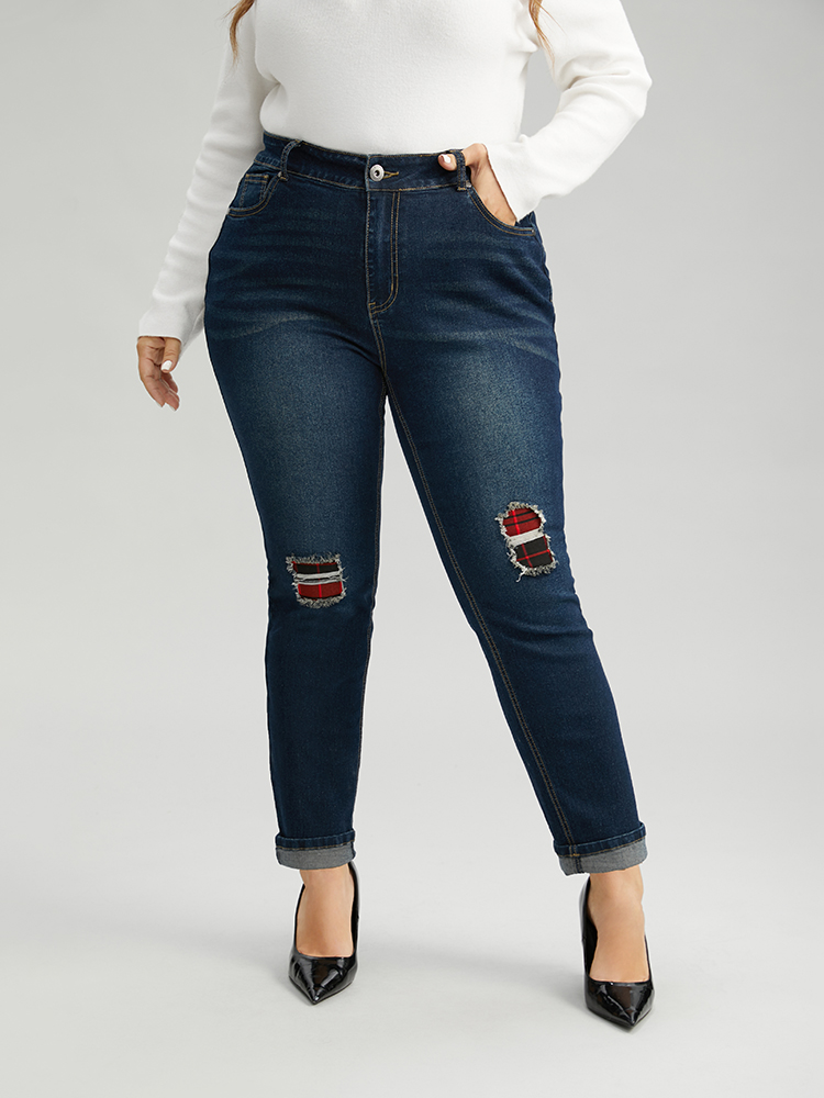 

Plus Size Plaid Patched Pocket Full Length Jeans Women Indigo Casual Plaid Roll Hem High stretch Pocket Jeans BloomChic