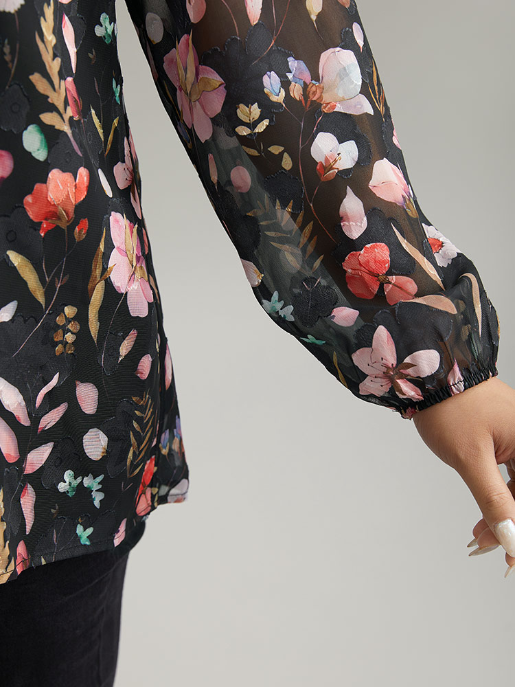 Plus Size BlackFlower Floral Print Chiffon Knot Neck Lantern Sleeve Blouse Women Elegant Long Sleeve Tie Neck Dailywear Blouses BloomChic 18-20/2X 