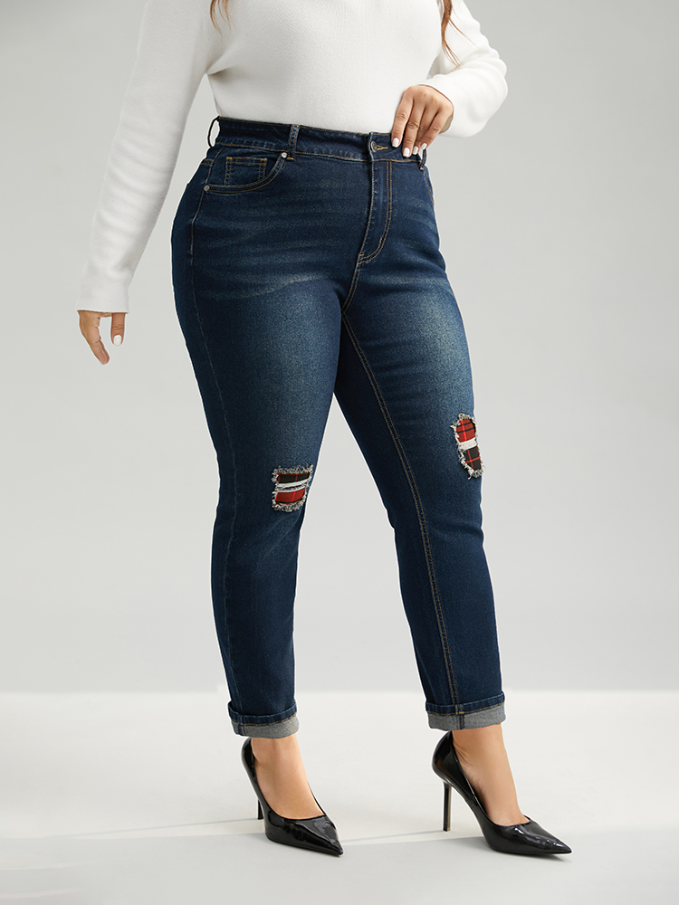 

Plus Size Plaid Patched Pocket Full Length Jeans Women Indigo Casual Plaid Roll Hem High stretch Pocket Jeans BloomChic