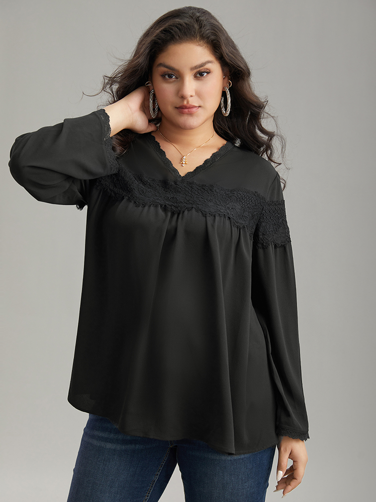 

Plus Size Black V Neck Lace Panel Gathered Blouse Women Glamour Long Sleeve V-neck Going out Blouses BloomChic