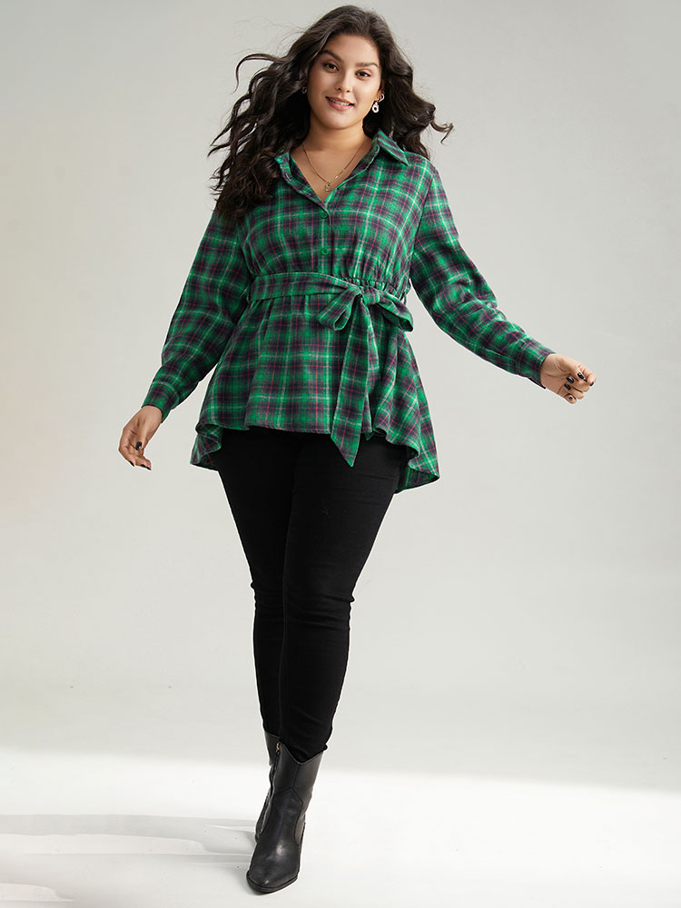 

Plus Size Green Shirt Collar Plaid Belted High Low Hem Blouse Women Elegant Long Sleeve Shirt collar Festival-Christmas Blouses BloomChic