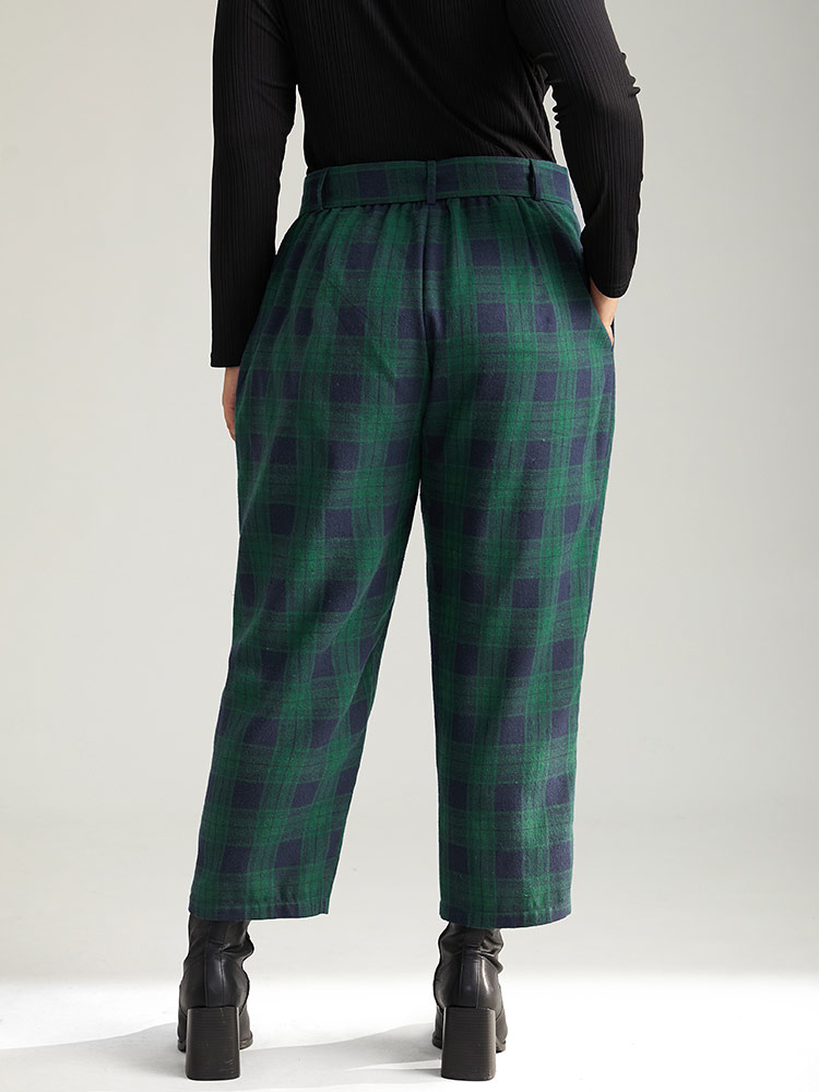 

Plus Size Plaid Pocket Eyelet Belted Pants Women Green Glamour Straight Leg High Rise Festival-Halloween Pants BloomChic