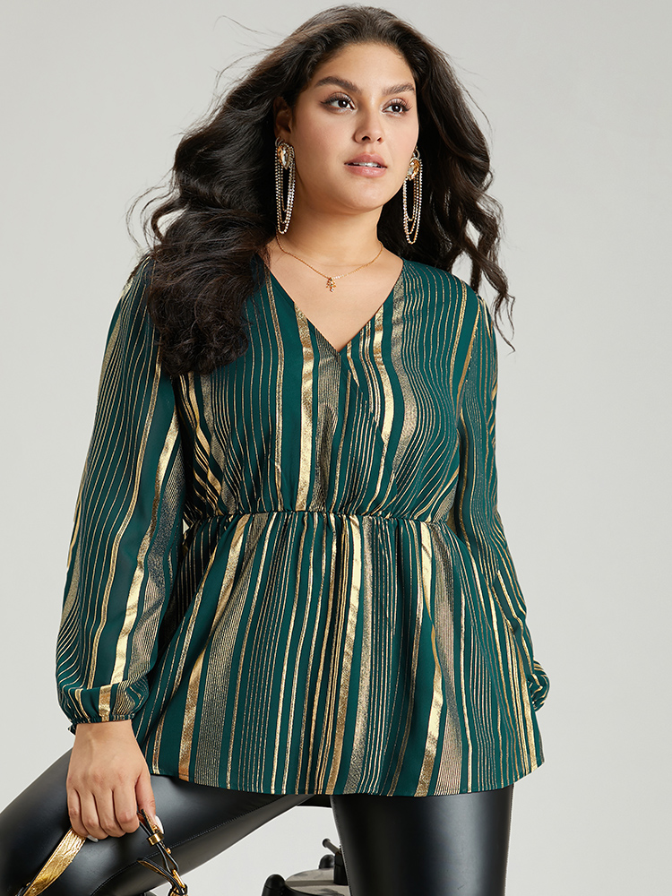 

Plus Size ArmyGreen Glitter Striped Surplice Neck Blouse Women Glamour Long Sleeve V-neck Festival-Christmas Blouses BloomChic