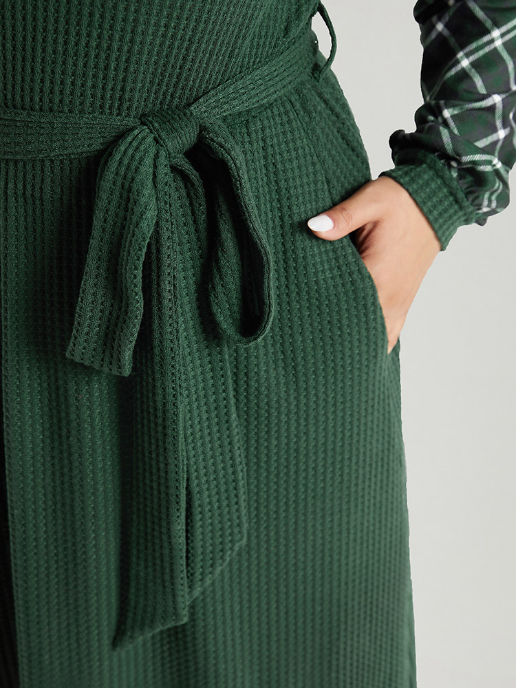 

Plus Size Waffle Knit Plaid Patchwork Belted Dress DarkGreen Women Elegant Belted V-neck Long Sleeve Curvy Midi Dress BloomChic