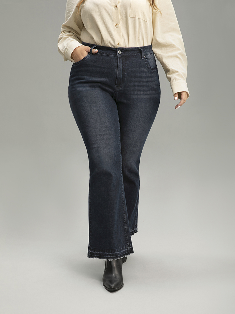 Plus Size Women Dailywear Plain High stretch Flare Leg Dark Wash Casual Jeans BloomChic 