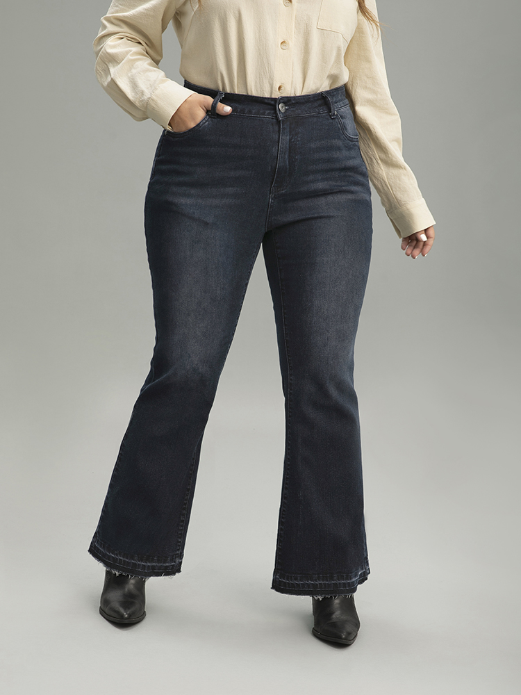 Plus Size Women Dailywear Plain High stretch Flare Leg Dark Wash Casual Jeans BloomChic 