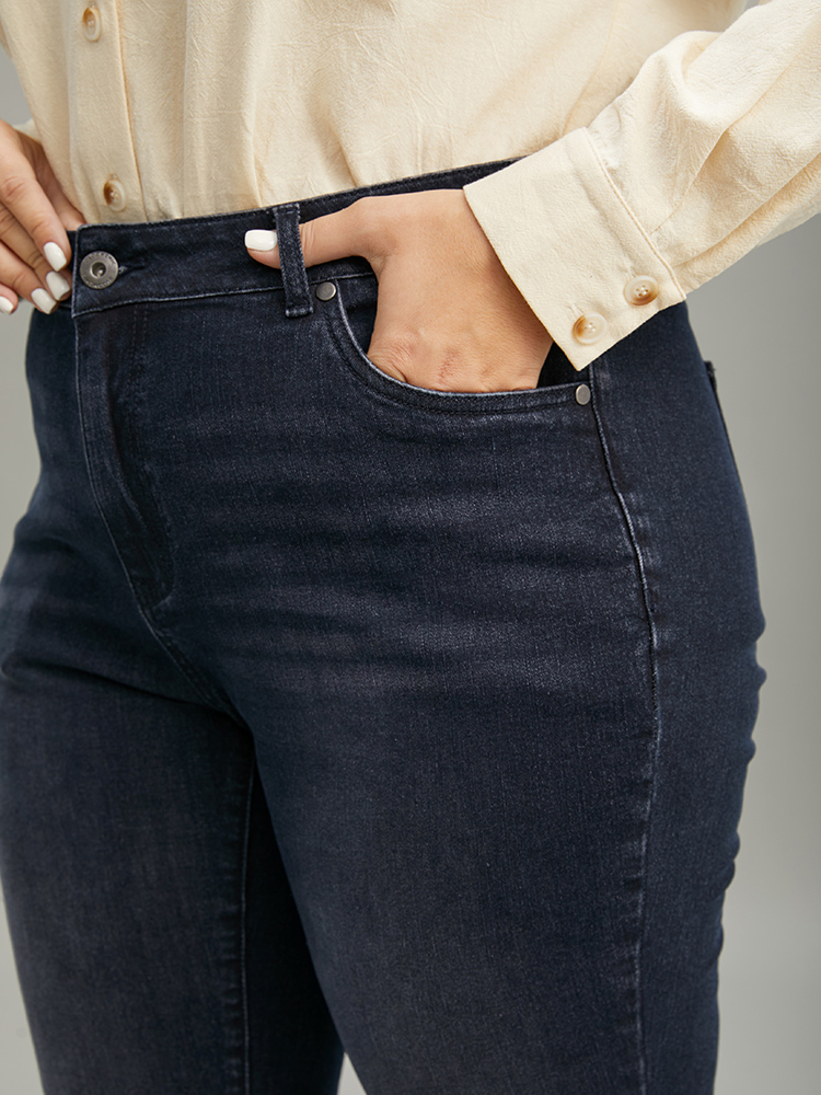 Plus Size Women Dailywear Plain High stretch Flare Leg Dark Wash Casual Jeans BloomChic 