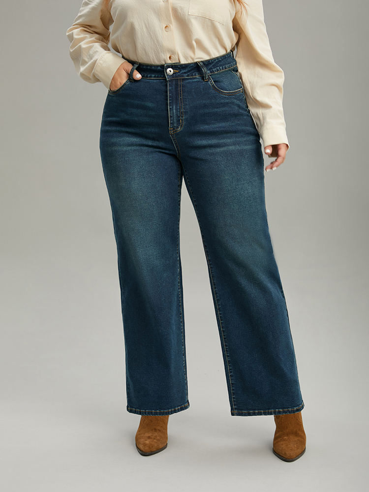 

Plus Size Straight Leg Medium Wash High Rise Jeans Women Aegean Casual Plain Plain High stretch Pocket Jeans BloomChic