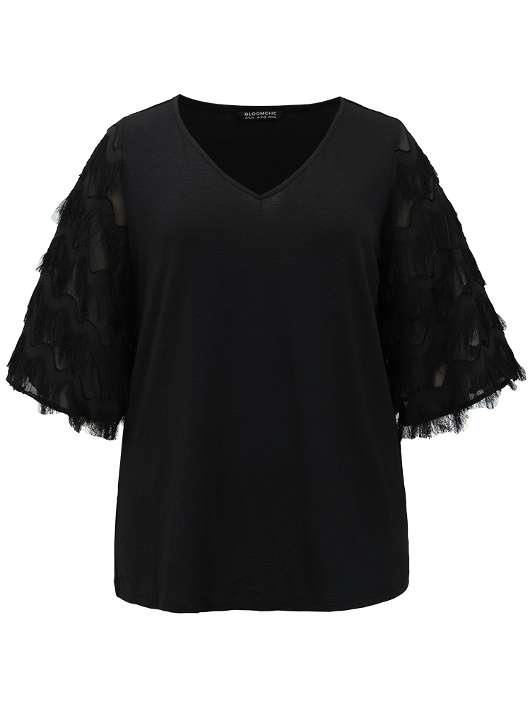 

Solid Textured Tassel Trim Ruffle Sleeve T-shirt, Black