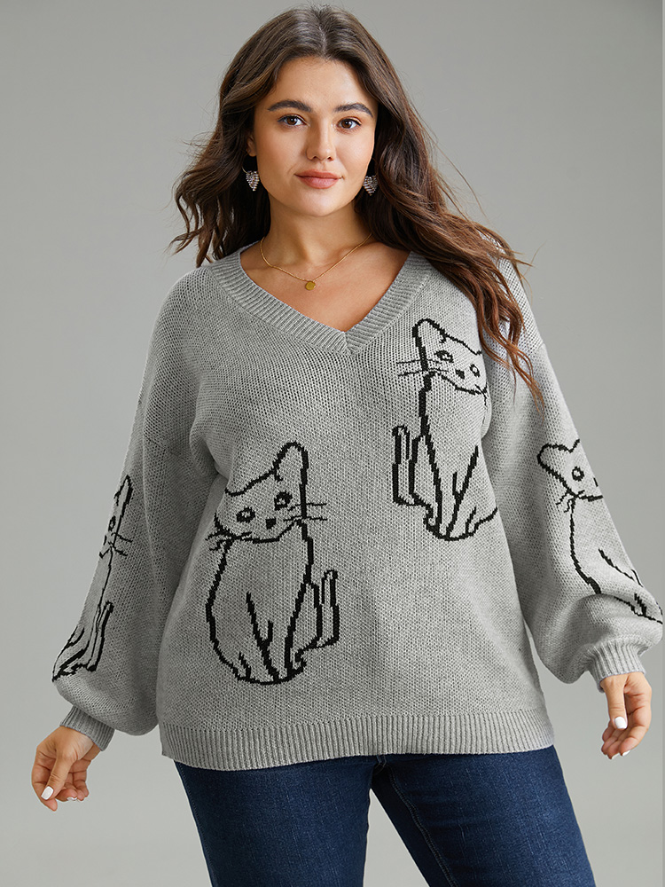 

Plus Size Supersoft Essentials Cat Print V Neck Pullover DarkGray Women Casual Long Sleeve V-neck Dailywear Pullovers BloomChic