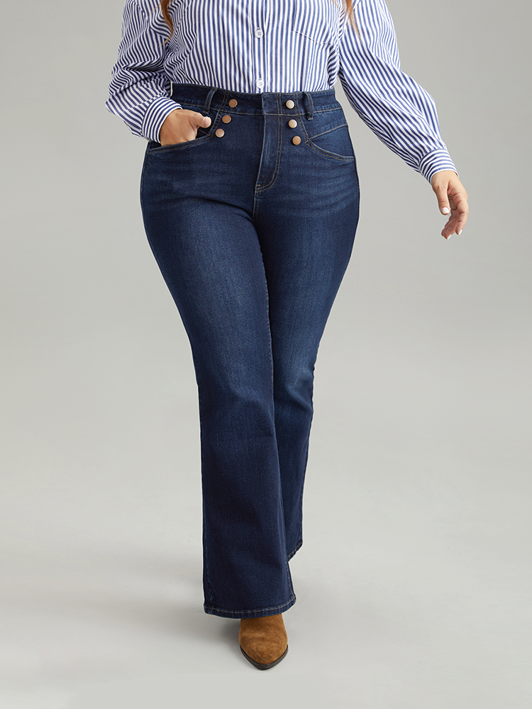 

Plus Size Flare Leg Button Detail High Rise Jeans Women DarkBlue Casual Plain Non High stretch Slanted pocket Jeans BloomChic