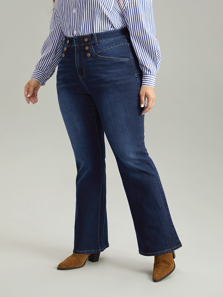 

Plus Size Flare Leg Button Detail High Rise Jeans Women DarkBlue Casual Plain Non High stretch Slanted pocket Jeans BloomChic