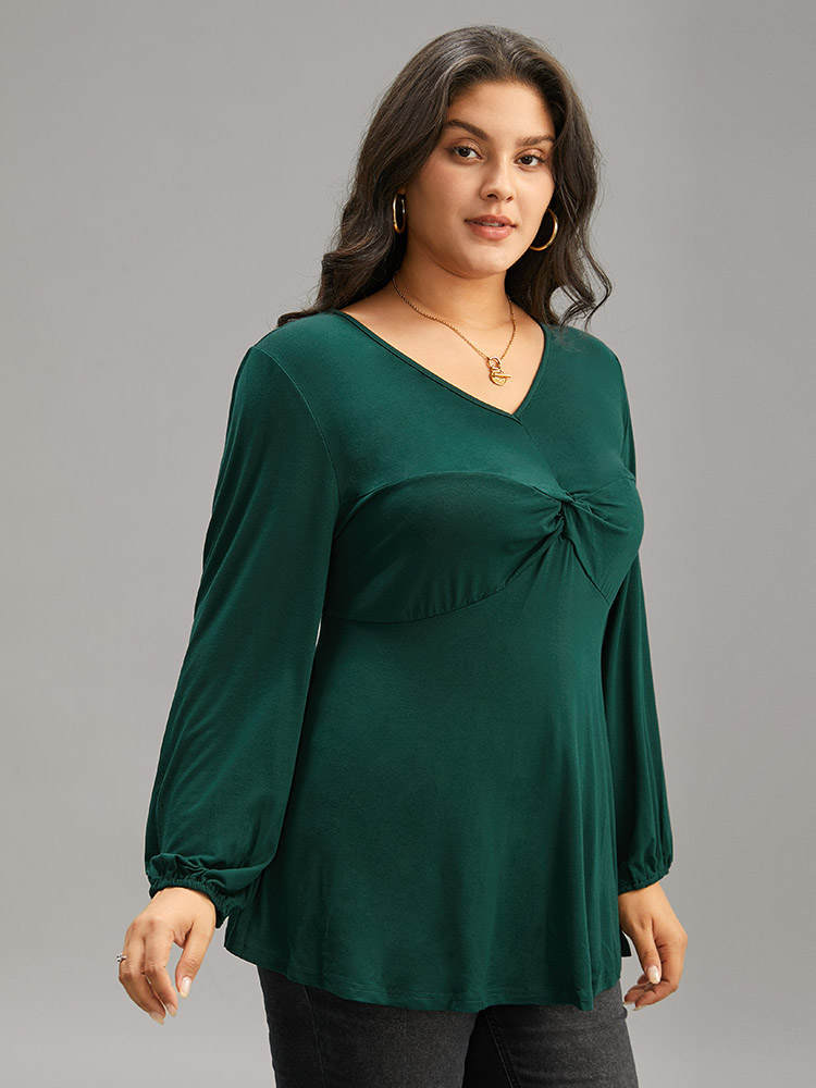 

Plus Size Solid Twist Front Ruched Lantern Sleeve T-shirt DarkGreen V-neck Long Sleeve Elegant Jersey Tops