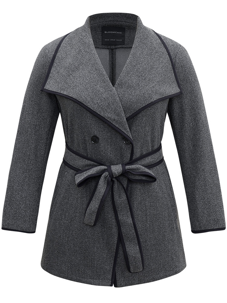 

Plus Size Lapel Collar Contrast Trim Belted Button Up Coat Women DimGray Casual Belted Ladies Dailywear Winter Coats BloomChic