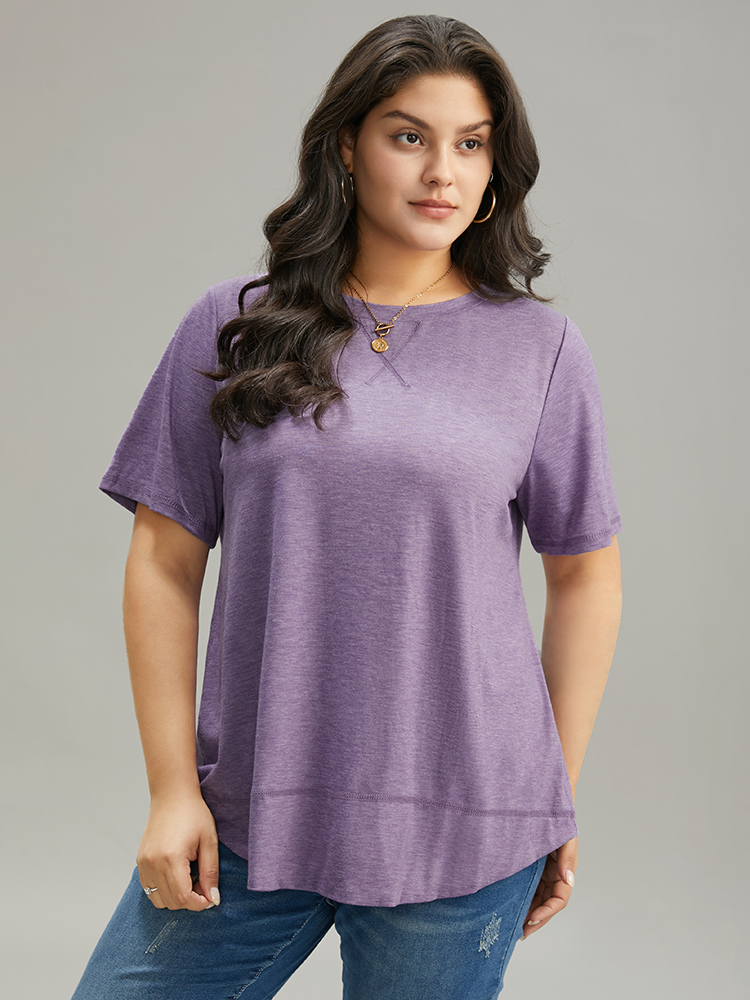 

Plus Size Contrast Stitch Round Neck Curved Hem T-shirt Purple Women Casual Plain Plain Round Neck Dailywear T-shirts BloomChic