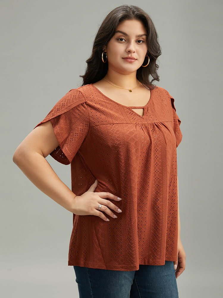 

Plus Size Plain Geometric Eyelet Keyhole Petal Sleeve T-shirt Rust Keyhole Cut-Out Short sleeve Elegant Jersey Tops