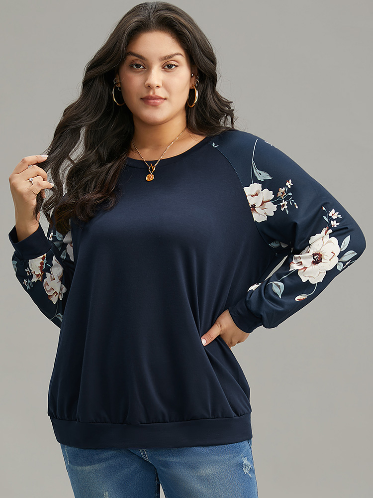 

Plus Size Floral Print Raglan Sleeve Crew Neck Sweatshirt Women Indigo Casual Elastic cuffs Round Neck Dailywear Sweatshirts BloomChic