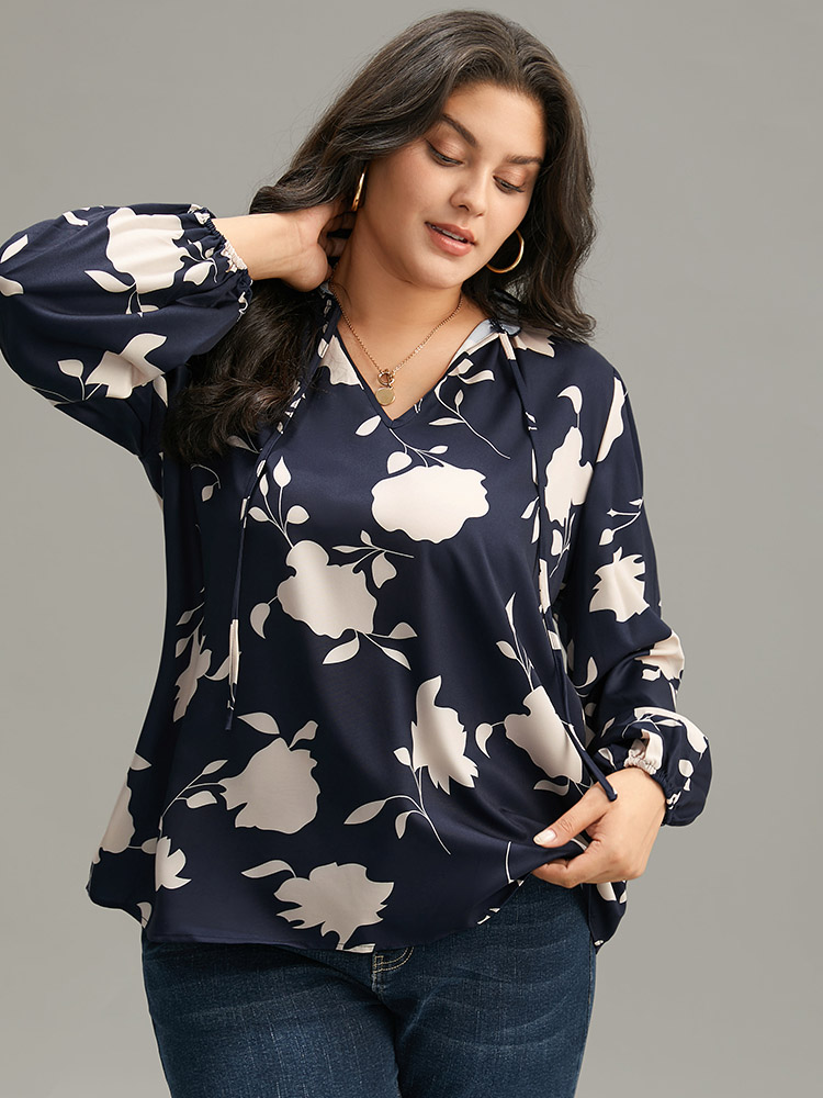 

Plus Size Indigo Silhouette Floral Print Stand Collar Tie Neck Blouse Women Elegant Long Sleeve Tie Neck Dailywear Blouses BloomChic