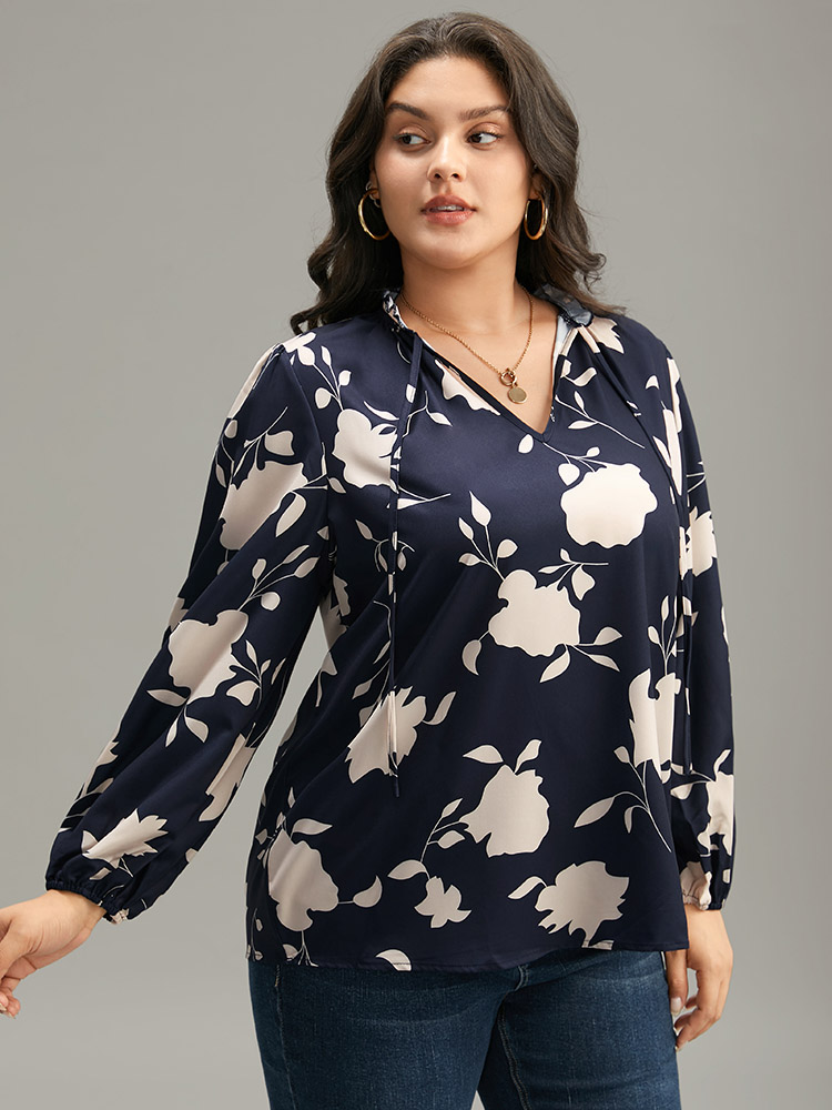 

Plus Size Indigo Silhouette Floral Print Stand Collar Tie Neck Blouse Women Elegant Long Sleeve Tie Neck Dailywear Blouses BloomChic