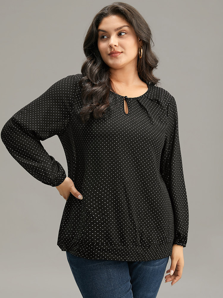 BloomChic Women's Plus Size Glitter Polka Dot Puff Sleeve Keyhole Blouse BlackFlower Dailywear Long Sleeve 14-16/1X